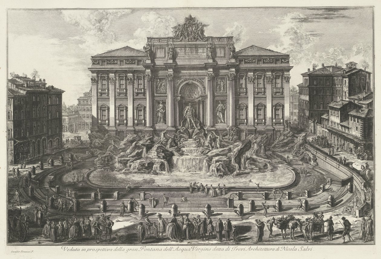 Trevifontein do Říma Perspektivní pohled na velkou Fontana dell