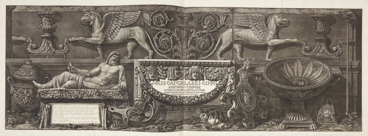 "Vázy, svícny, cisterny, sarkofágy...", titulní strana k sv. já od Giovanni Battista Piranesi
