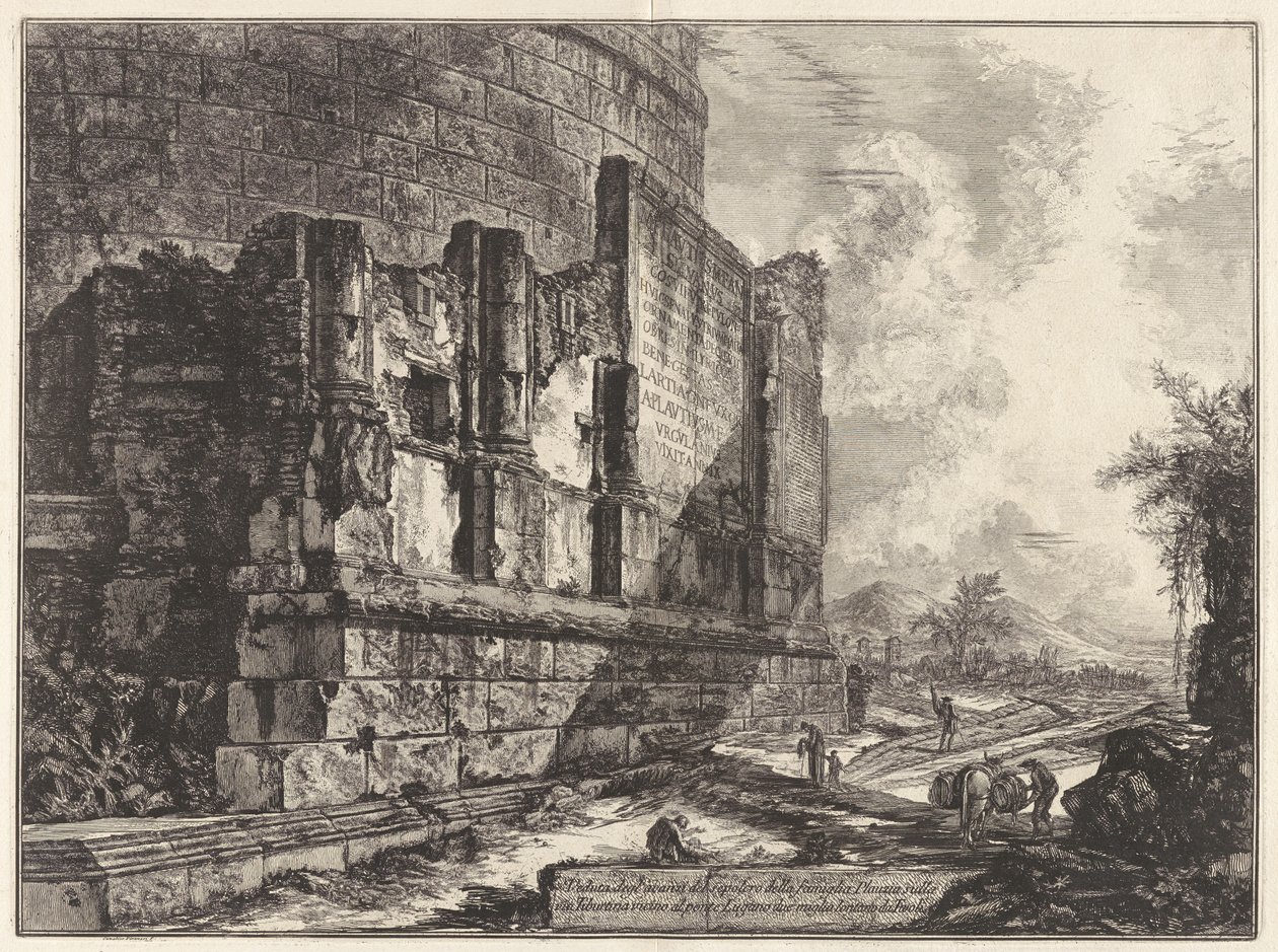 Pohled na pozůstatky hrobky rodiny Plautiů na Via Tiburtina poblíž Ponte Lugano, dvě míle od Tivoli, z Vedute di od Giovanni Battista Piranesi
