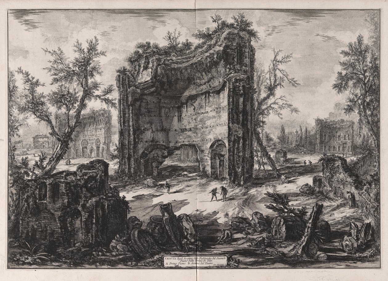 Pohled na zbytky budov ve druhém patře Titových lázní z Vedute di Roma (Pohledy na Řím) od Giovanni Battista Piranesi