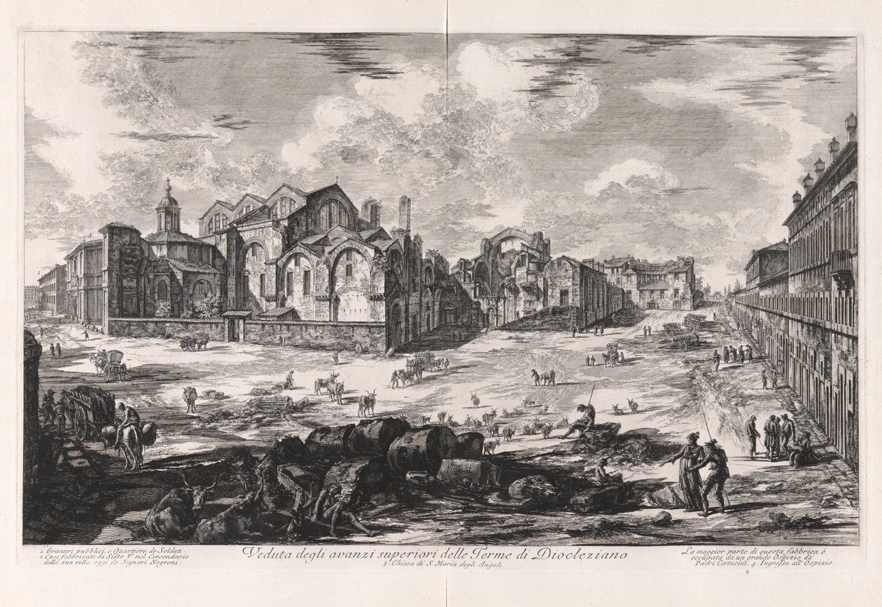 Pohled na horní ruiny Diokleciánových lázní [vzdálený pohled ukazující kostel Santa Maria degli Angeli]), z Vedute di Roma (Pohledy na Řím) od Giovanni Battista Piranesi