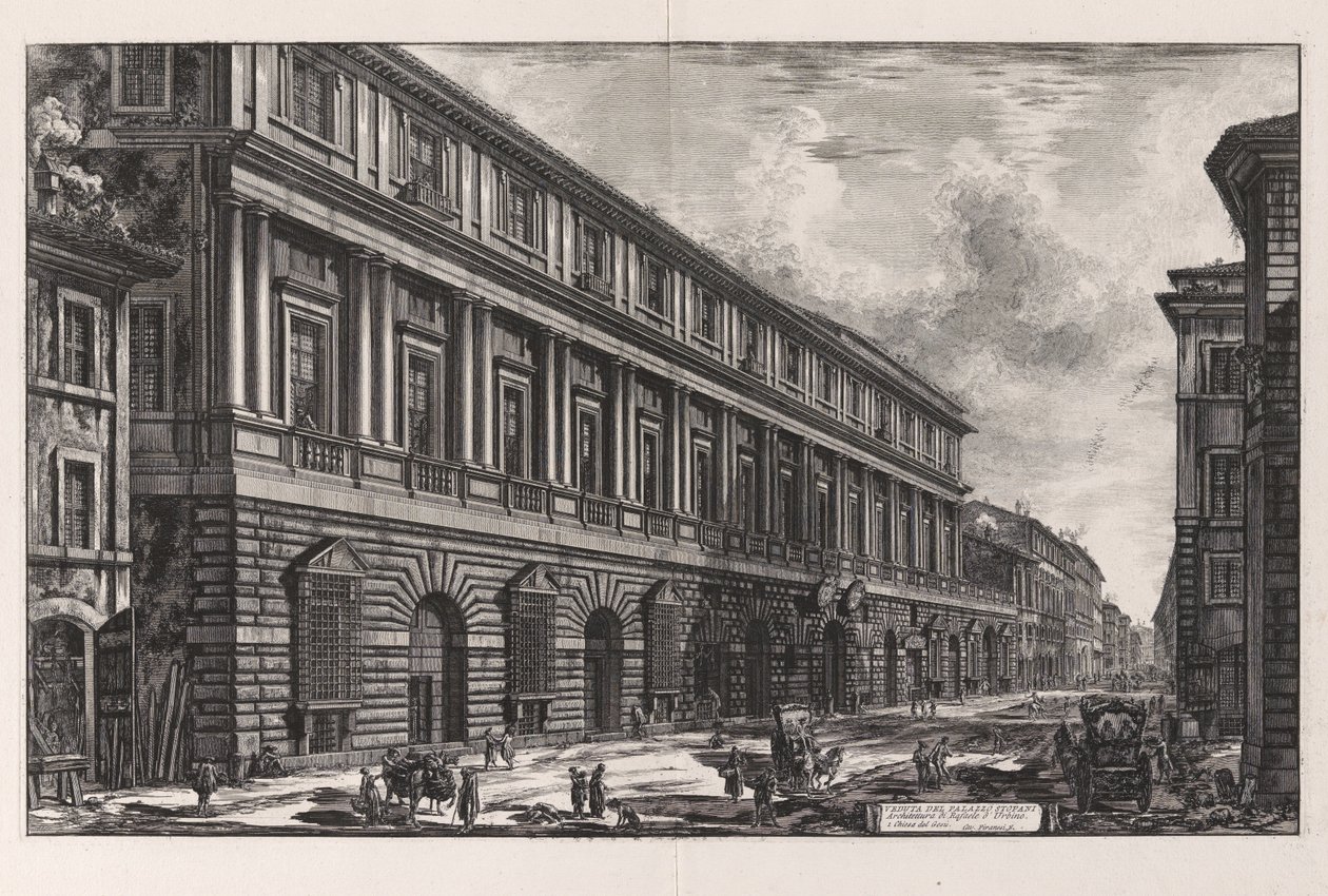 Pohled na Palazzo Stopani. Architektura Raffaela z Urbina, z Vedute di Roma (Pohledy na Řím) od Giovanni Battista Piranesi