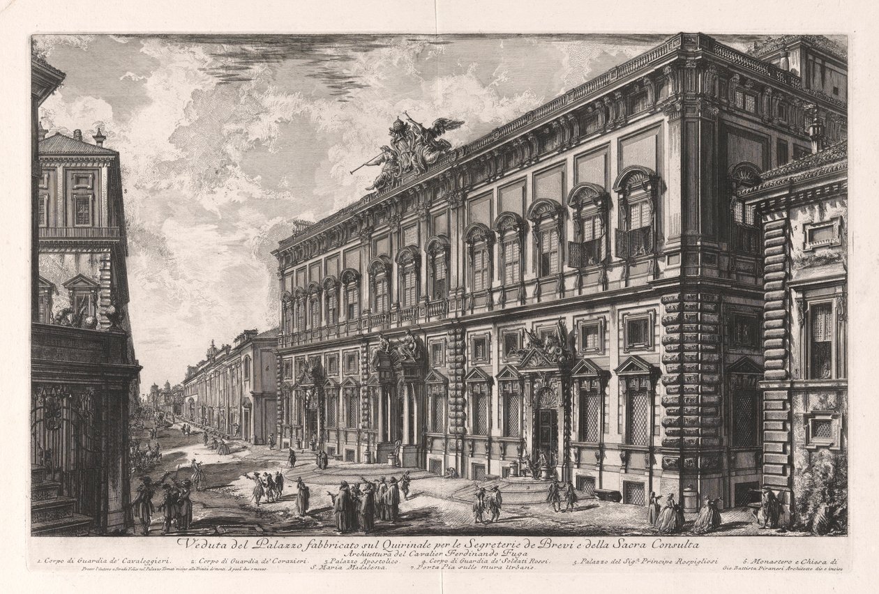 Pohled na Palazzo postavený na Quirinal pro tajemníka slipů a posvátné rady z Vedute di Roma (Pohledy na Řím) od Giovanni Battista Piranesi