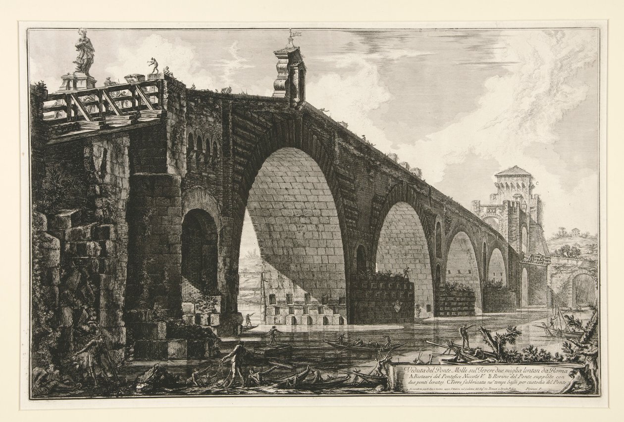 Pohled na Milvijský most přes Tiberu dvě míle za Římem z Vedute di Roma od Giovanni Battista Piranesi