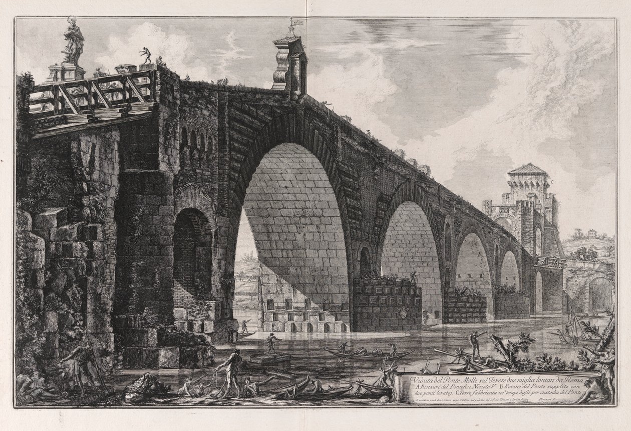 Pohled na Milvijský most přes Tiber dvě míle mimo Řím, z Vedute di Roma (Pohledy na Řím) od Giovanni Battista Piranesi
