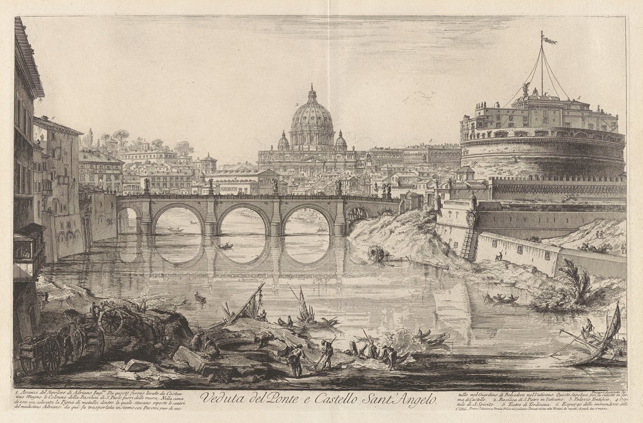 Pohled na most a Andělský hrad, z Pohledů na Řím od Giovanni Battista Piranesi