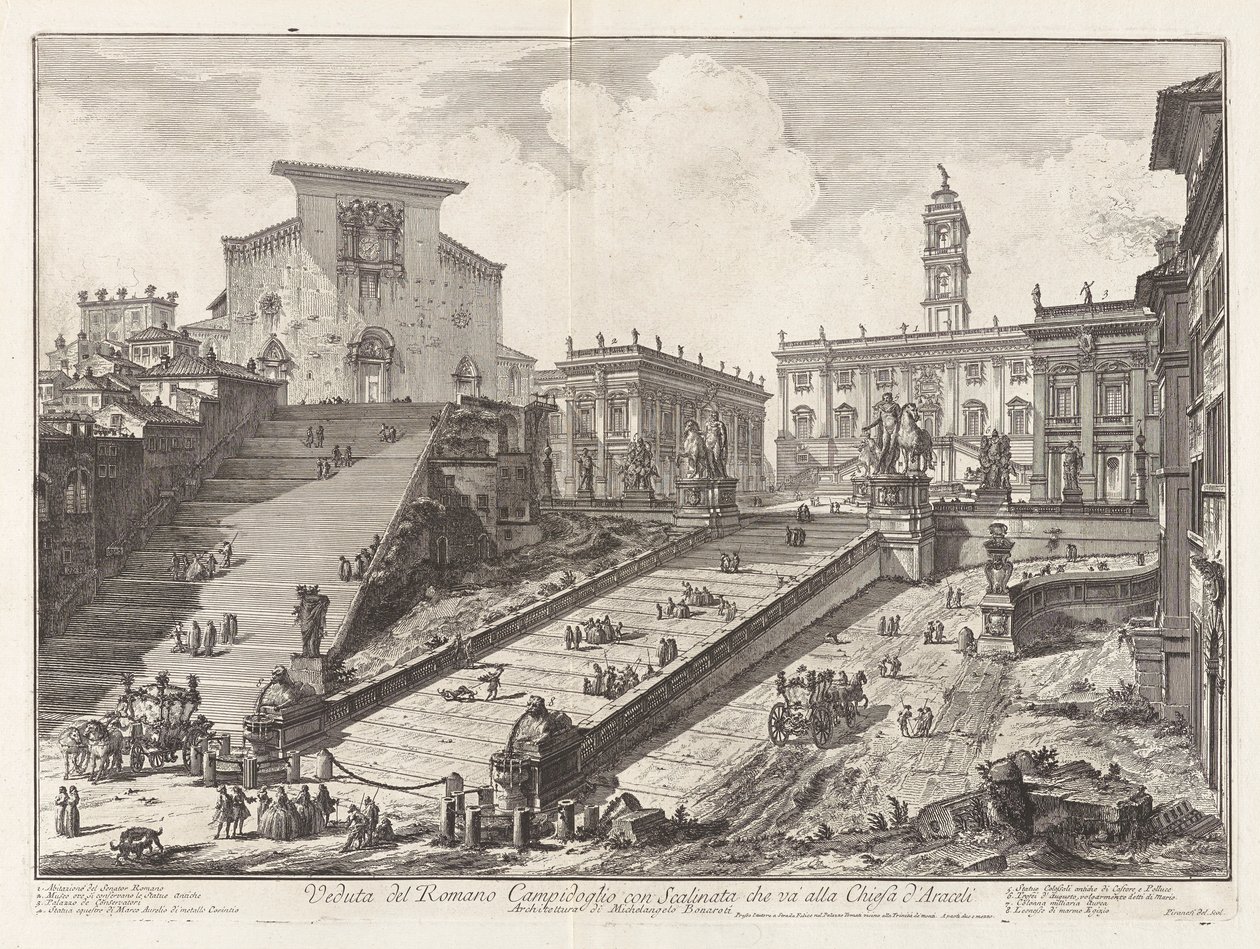 Pohled na římské Campidoglio se schodištěm, které vede od Giovanni Battista Piranesi