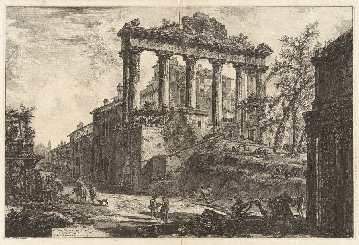 Veduta del Tempio detto della Concordia (Pohled na tzv. Chrám Svornosti [Saturnův chrám s obloukem Septimia Severa v pravém popředí]), z Vedute di Roma (Pohledy na Řím) od Giovanni Battista Piranesi