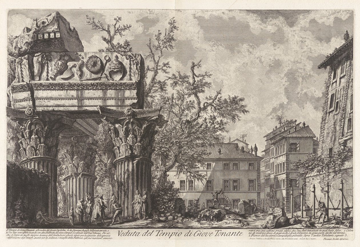 Veduta del Tempio di Giove Tonante (Pohled na chrám Jupitera Tonanse [Jupiter Thunderer; ve skutečnosti chrám Vespasiana a Tita]), z Vedute di Roma (Pohledy na Řím) od Giovanni Battista Piranesi