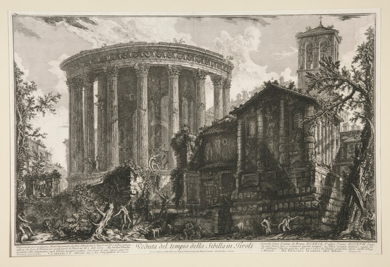 Pohled na chrám Sibyly v Tivoli, z Vedute di Roma od Giovanni Battista Piranesi