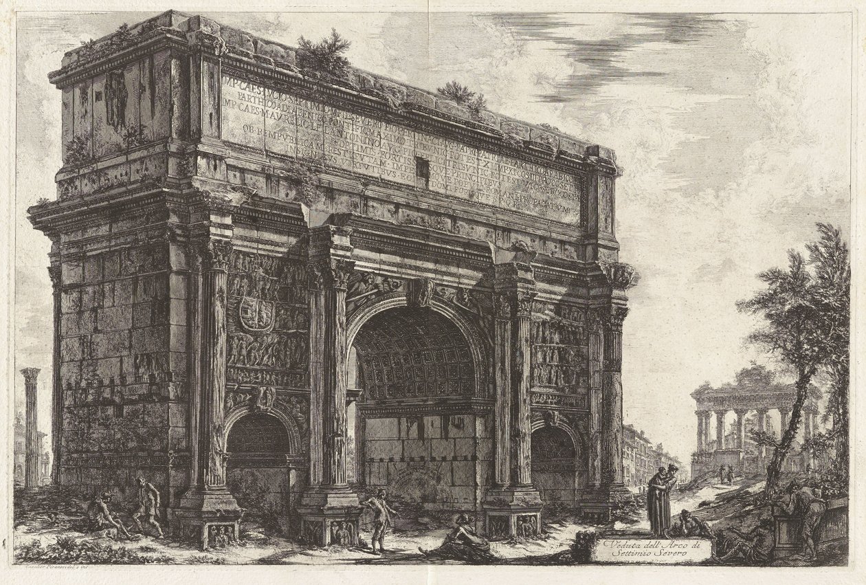Pohled na oblouk Septimia Severa, z Vedute di Roma od Giovanni Battista Piranesi