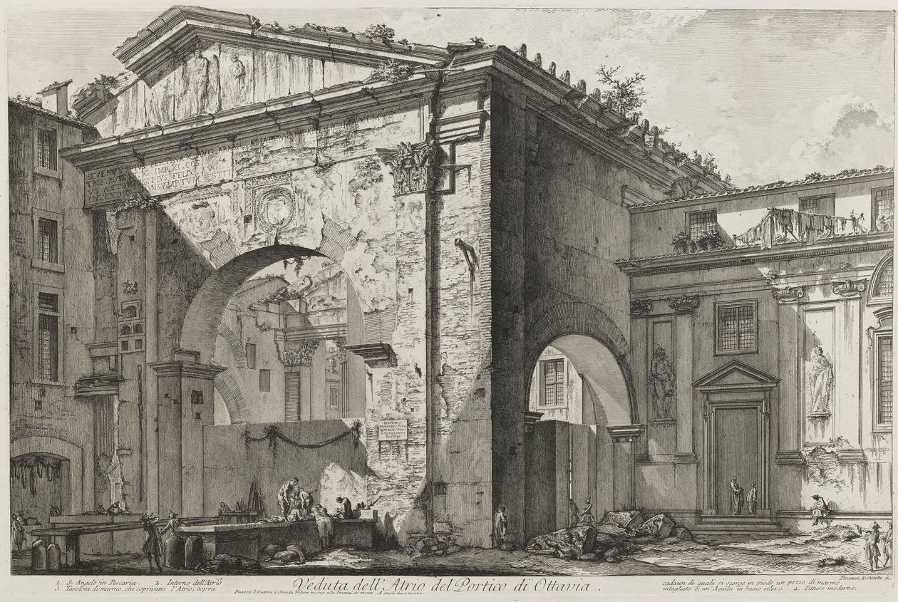 Pohled na vstupní portikus Ottaviina portika (Ottaviin portikus: vstupní portikus, exteriér) od Giovanni Battista Piranesi