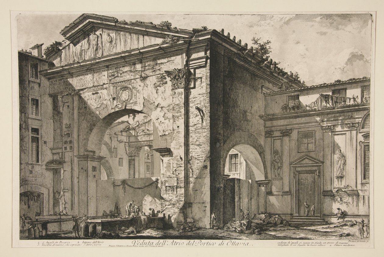 Pohled na atrium Oktaviina portiku, z Vedute di Roma od Giovanni Battista Piranesi
