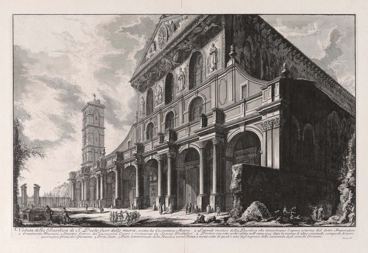 Pohled na baziliku San Paolo fuori delle Mura, postavenou Konstantinem Velikým, z Vedute di Roma (Pohledy na Řím) od Giovanni Battista Piranesi