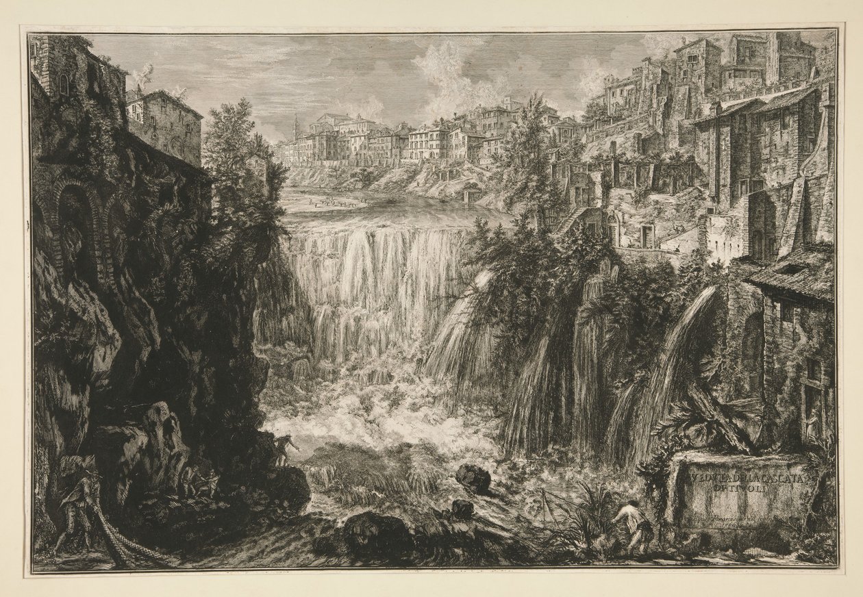 Pohled na vodopád v Tivoli, z Vedute di Roma od Giovanni Battista Piranesi