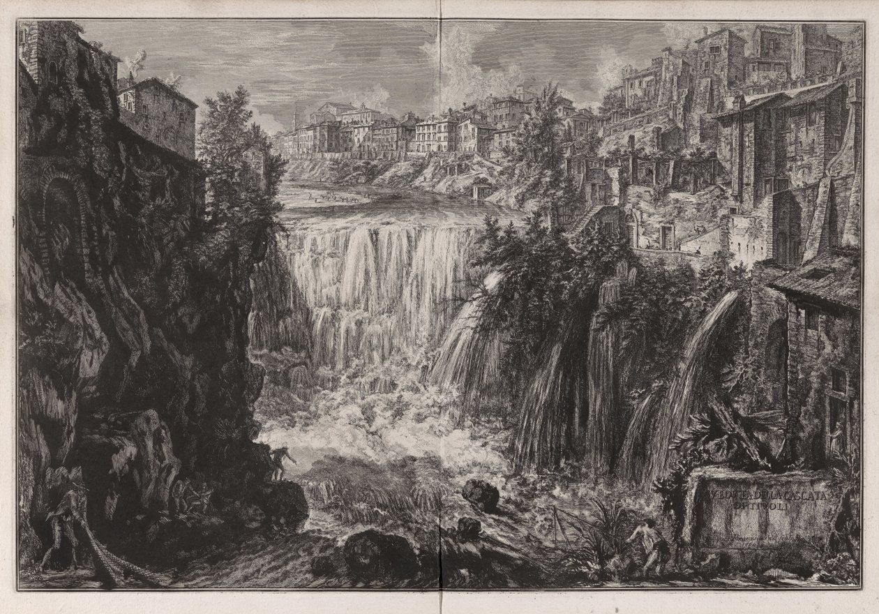 Pohled na vodopád v Tivoli, z Vedute di Roma od Giovanni Battista Piranesi