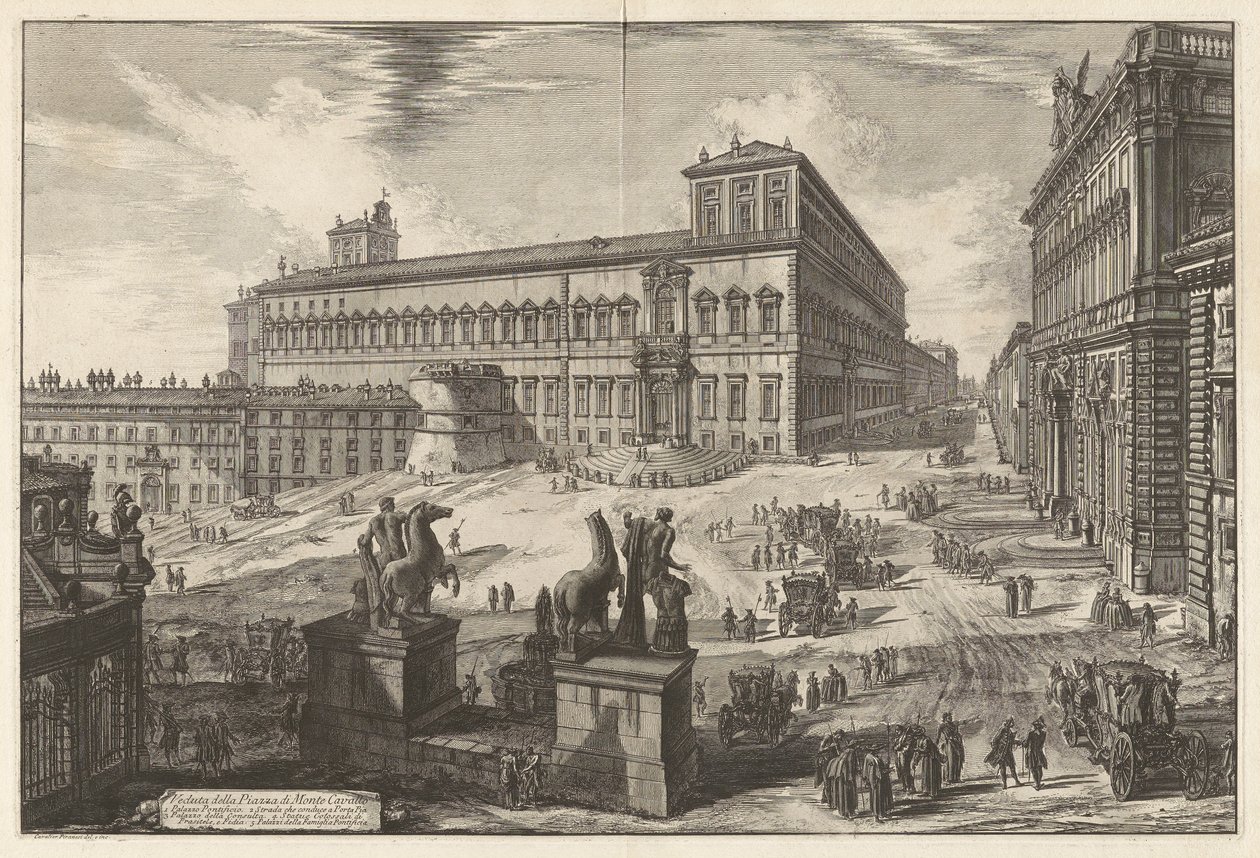 Pohled na Piazza di Monte Cavallo (Pohled na Piazza di Monte Cavallo [Piazza del Quirinale s palácem Quirinal uprostřed]), z Vedute di Roma (Výhledy na Řím) od Giovanni Battista Piranesi