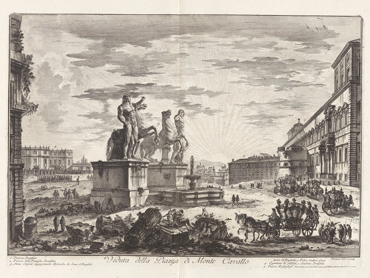 Pohled na Piazza di Monte Cavallo (Pohled na Piazza di Monte Cavallo [nyní Piazza del Quirinale s palácem Quirinal]), z Vedute di Roma (Výhledy na Řím) od Giovanni Battista Piranesi