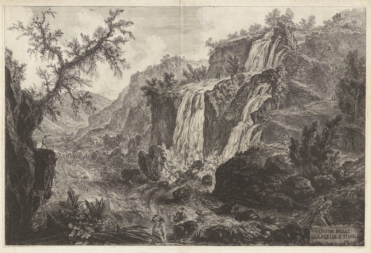 Pohled na malé vodopády v Tivoli, z Vedute di Roma od Giovanni Battista Piranesi