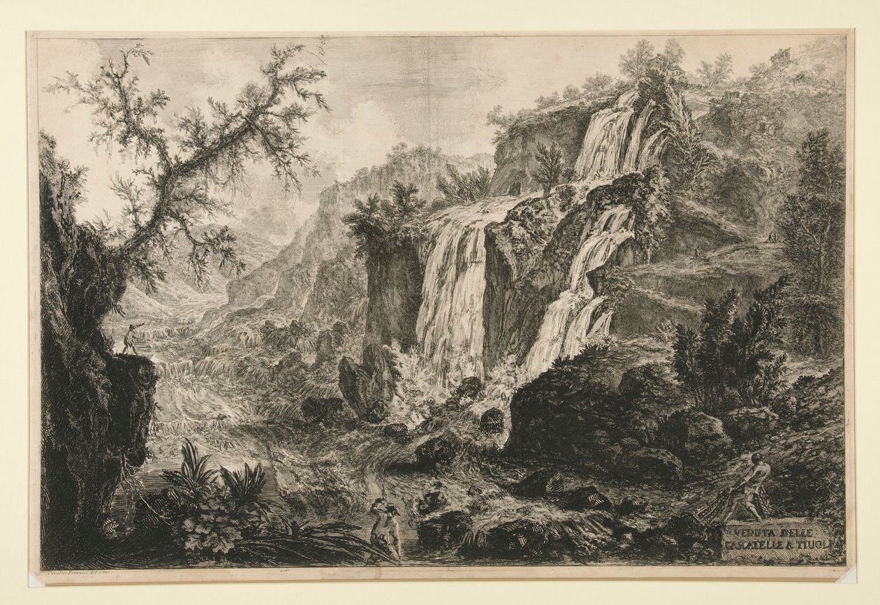 Pohled na Malé vodopády v Tivoli, z Vedute di Roma od Giovanni Battista Piranesi
