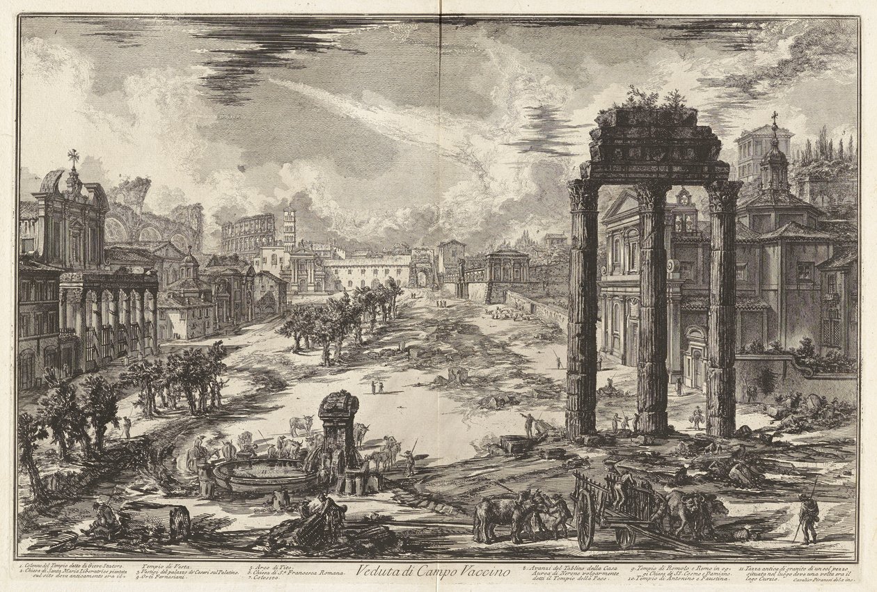 Veduta di Campo Vaccino (Pohled na Campo Vaccino [Římské fórum s chrámem Castor a Pollux napravo]), z Vedute di Roma (Pohledy na Řím) od Giovanni Battista Piranesi