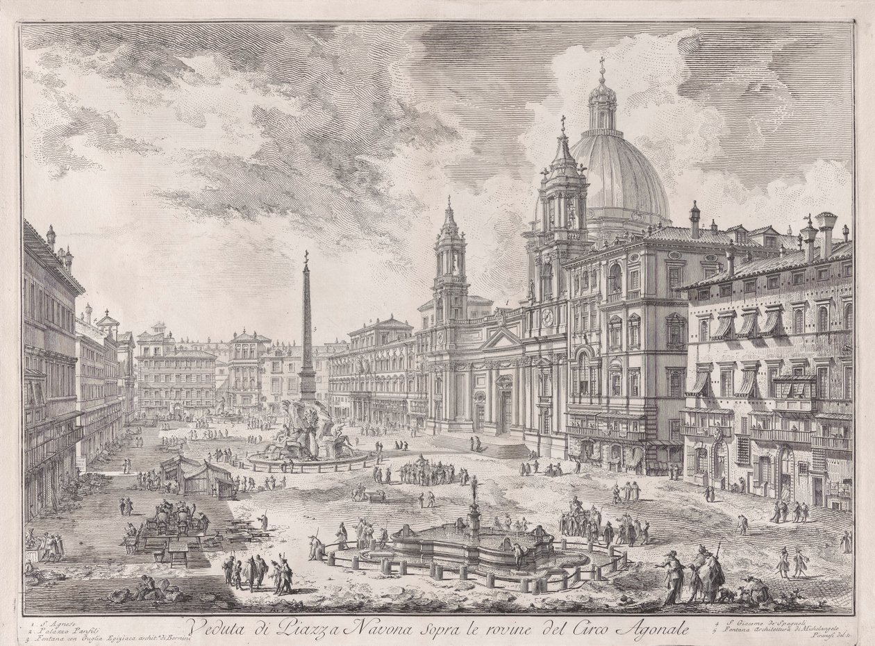 Pohled na náměstí Piazza Navona nad ruinami cirkusu Domitian, z Vedute di Roma (Pohledy na Řím) od Giovanni Battista Piranesi