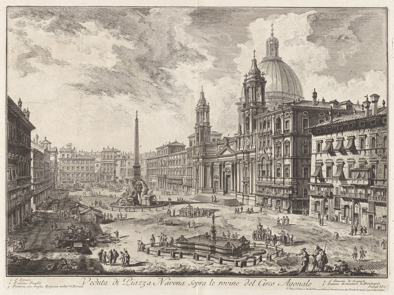 Pohled na Piazza Navona nad ruinami Circus Agonalis (Pohled na Piazza Navona nad ruinami Domitianova cirku), z Vedute di Roma (Pohledy na Řím) od Giovanni Battista Piranesi