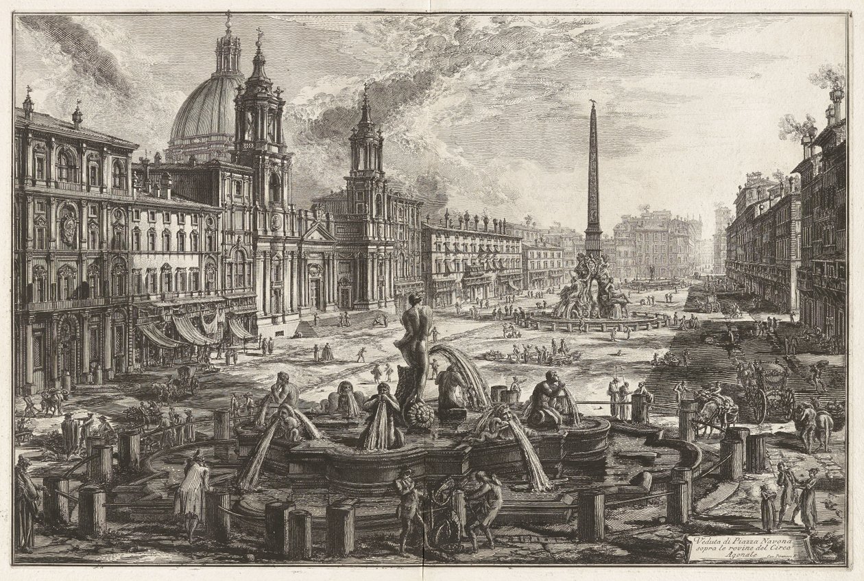 Pohled na Piazza Navona nad zříceninami Circus Agonalis [Domitianův cirkus], z Vedute di Roma (Pohledy na Řím) od Giovanni Battista Piranesi