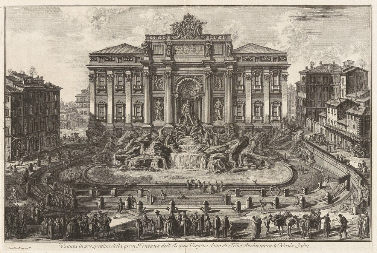 Perspektivní pohled na velkou fontánu Acqua Vergine, zvanou Fontána di Trevi, architektura Nicola Salviho, z Vedute di Roma od Giovanni Battista Piranesi