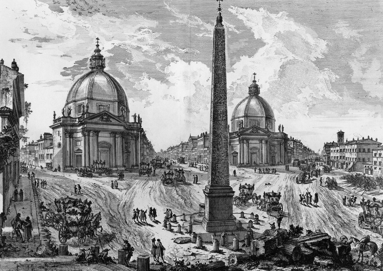 Pohled na náměstí Piazza del Popolo v Římě, rytina Giovanni Battista Piranesi (1720-1778), z římských starožitností od Giovanni Battista Piranesi