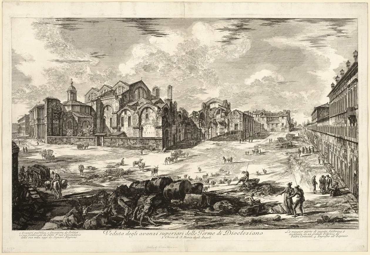 Pohled na viditelné zbytky Diokleciánových lázní z Pohledů na Řím od Giovanni Battista Piranesi
