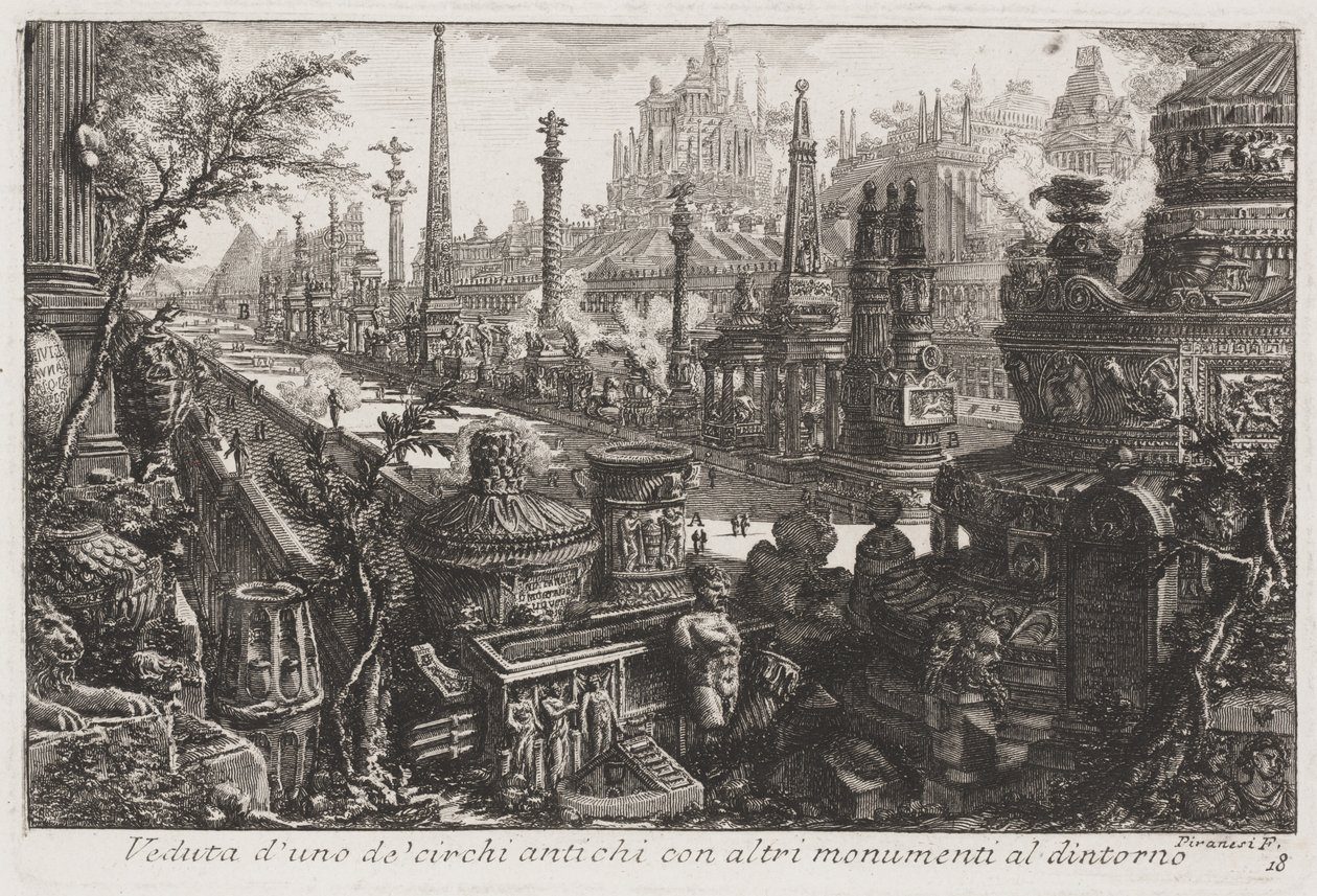 Pohled na starý cirkus s dalšími památkami uvnitř, kolem roku 1760 (lept) od Giovanni Battista Piranesi