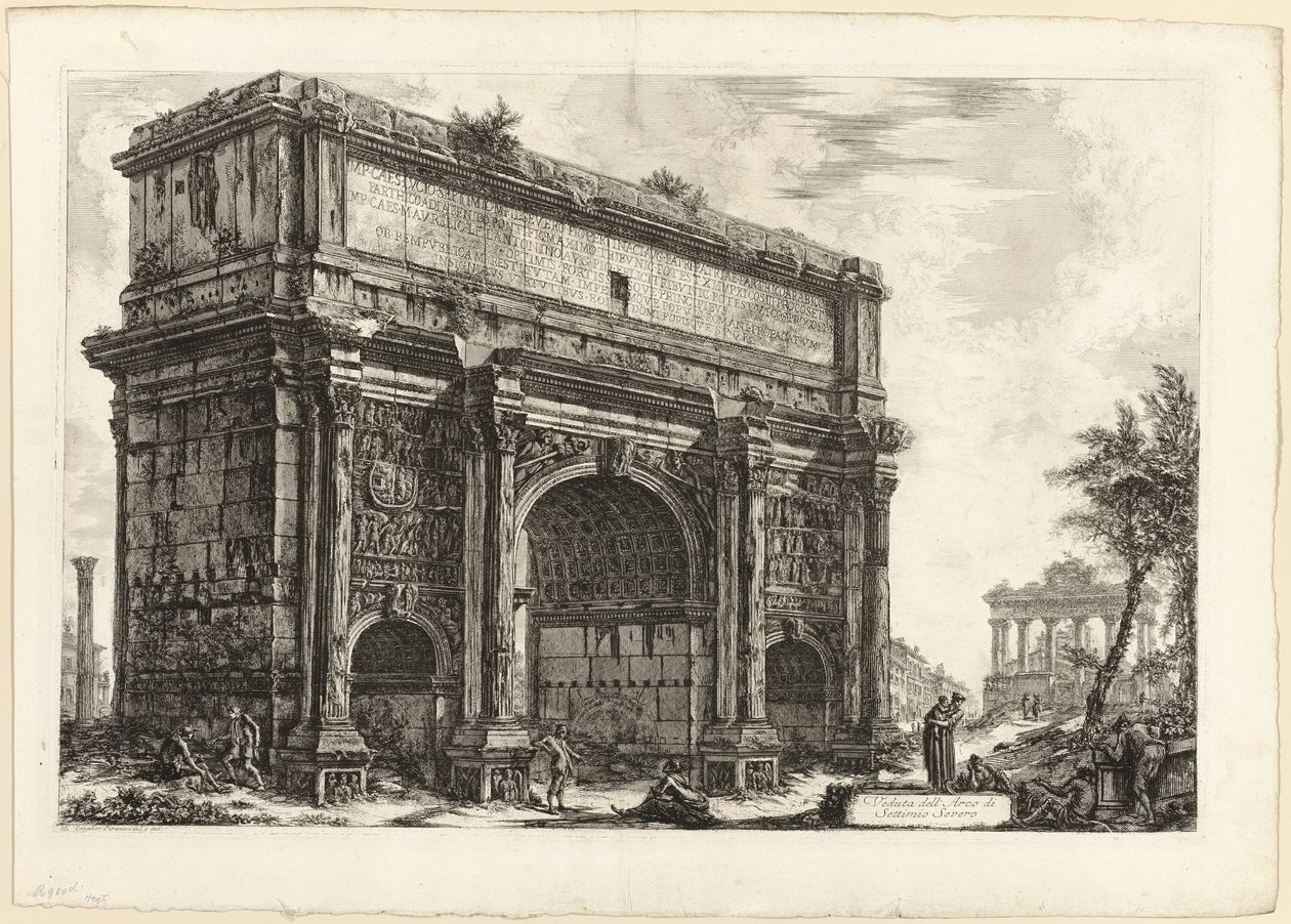 Pohled na oblouk Septimia Severa z Pohledů na Řím od Giovanni Battista Piranesi