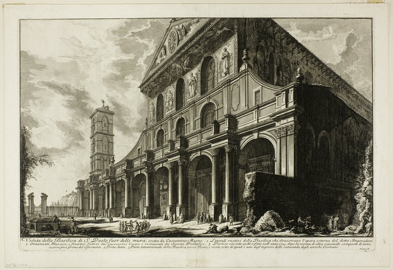 Pohled na baziliku S. Paolo fuori delle Mura [St. Pavla mimo hradby], postavený Konstantinem Velikým, z Pohledů na Řím od Giovanni Battista Piranesi