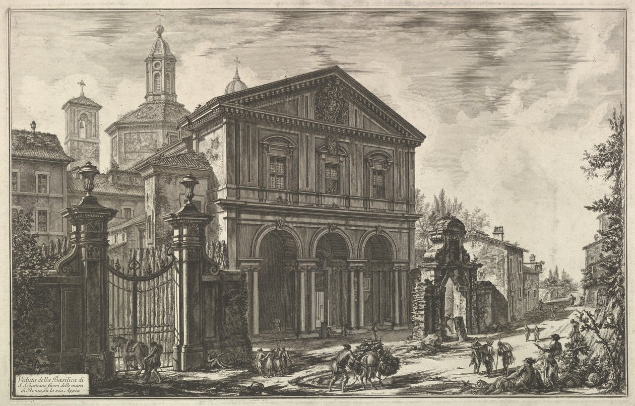 Pohled na baziliku San Sebastiano fuori delle mura [sv. Šebestián za hradbami] na Appiově cestě, z Vedute di Roma (Římské pohledy) od Giovanni Battista Piranesi