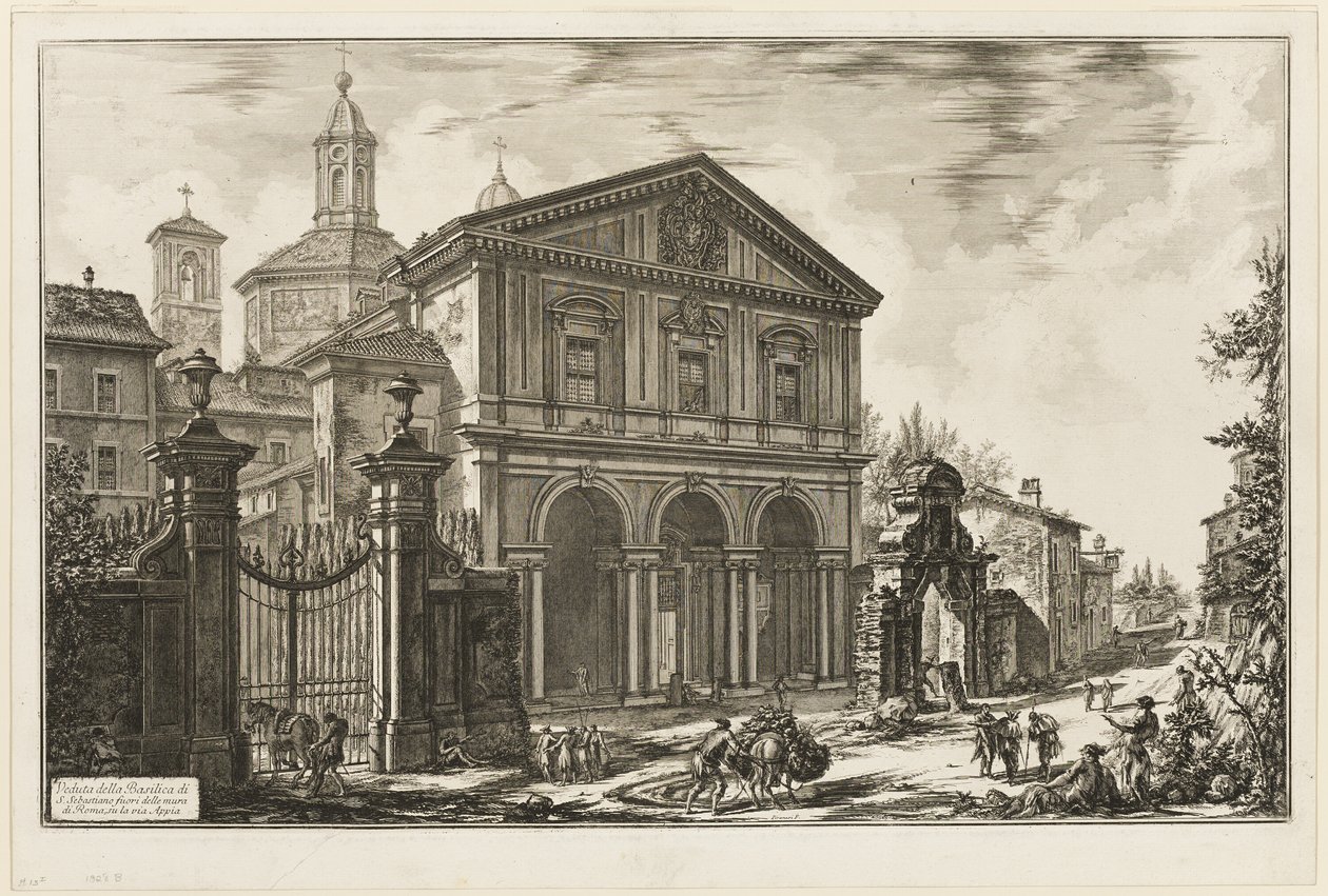 Pohled na baziliku San Sebastiano fuori delle mura [St. Sebastian za hradbami] na Appijské cestě, z Pohledů na Řím od Giovanni Battista Piranesi