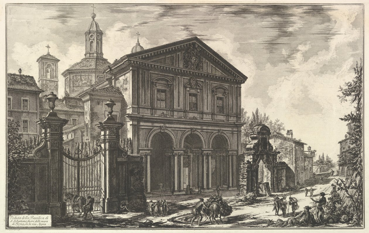 Pohled na baziliku San Sebastiano fuori delle mura [svatý Šebestián za hradbami] na Appijské cestě, z Vedute di Roma (Pohledy na Řím) od Giovanni Battista Piranesi