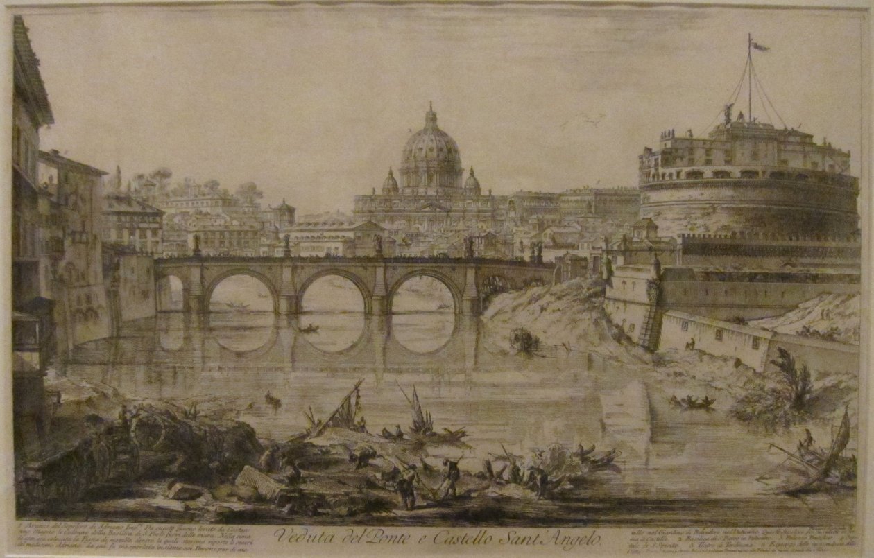 "Pohled na most a Andělský hrad" z knihy Giovanniho Battisty Piranesiho "Pohledy na Řím", lept, Honolulu Museum of Art od Giovanni Battista Piranesi