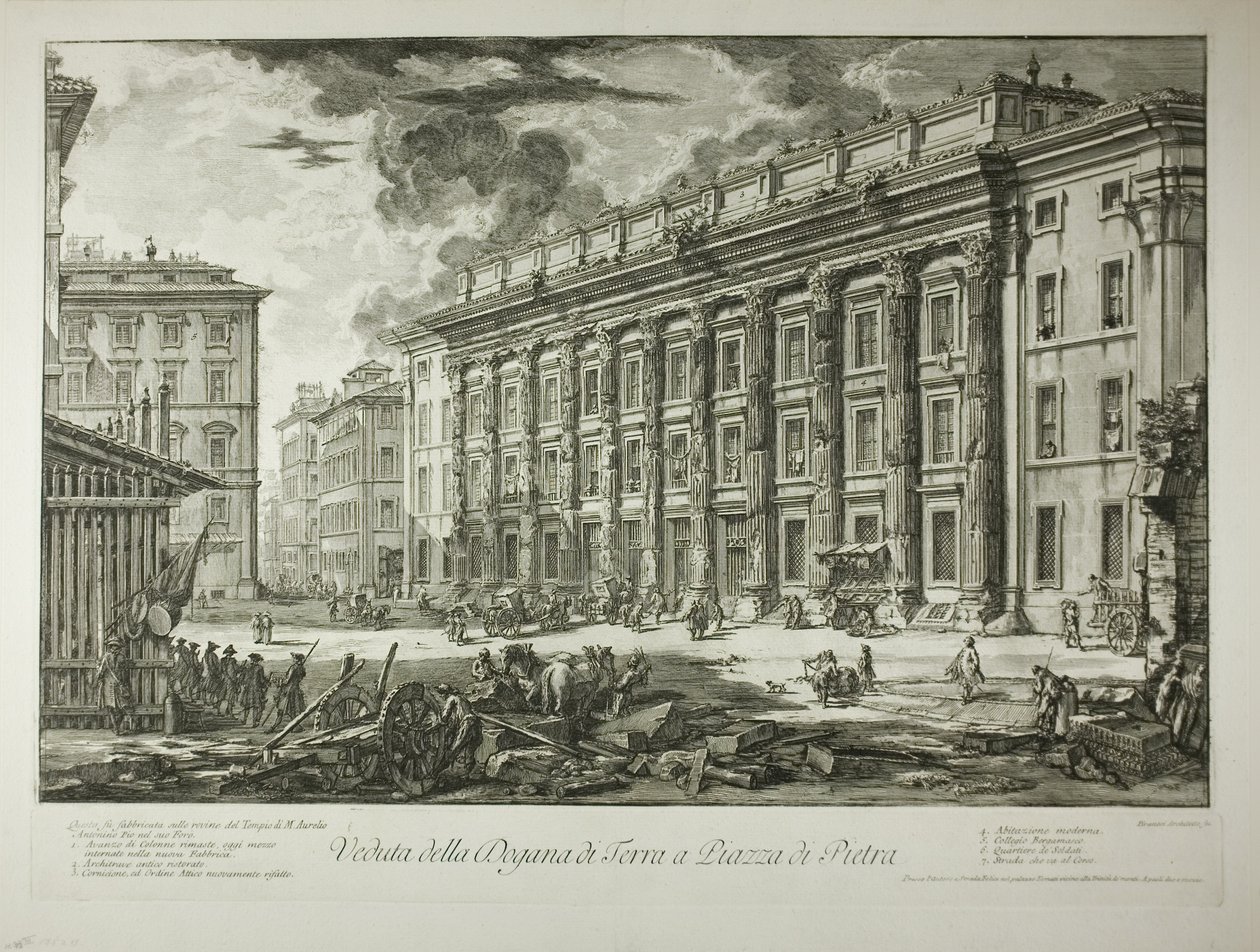 Pohled na celnici na náměstí Piazza di Pietra, která byla postavena v ruinách chrámu Marka Aurelia Antonína Pia na jeho Fóru, z Pohledů na Řím od Giovanni Battista Piranesi