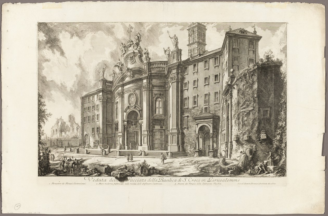 Pohled na průčelí baziliky S. Croce v Gerusalemme [Svatý kříž v Jeruzalémě], z Pohledů na Řím od Giovanni Battista Piranesi