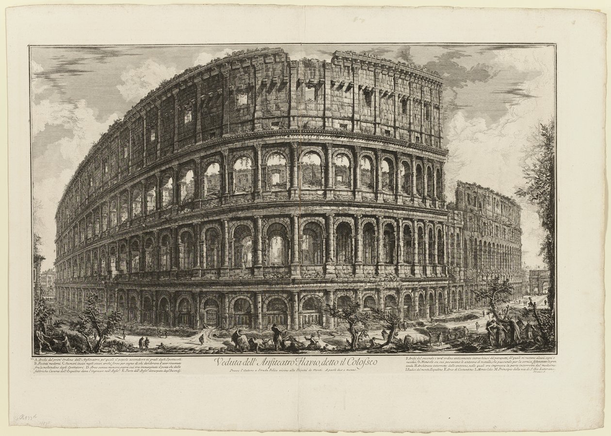 Pohled na Flaviův amfiteátr, nazývaný Koloseum, z Pohledů na Řím od Giovanni Battista Piranesi