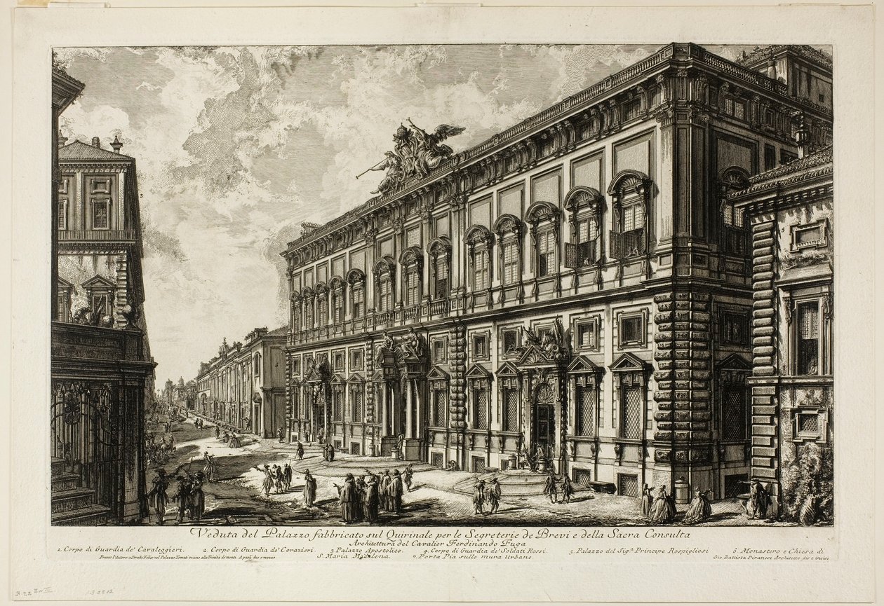 Pohled na Palazzo della Consulta na Quirinal, kde sídlí papežský sekretariát, z Views of Rome od Giovanni Battista Piranesi