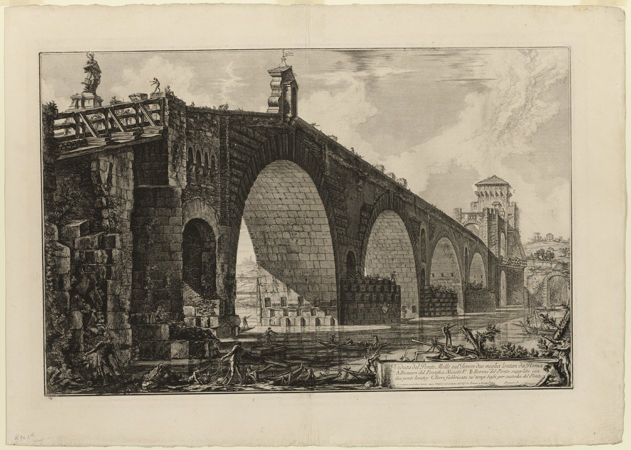 Pohled na Ponte Molle [nebo Milvijský most] přes Tiber dvě míle za Římem, z Views of Rome od Giovanni Battista Piranesi