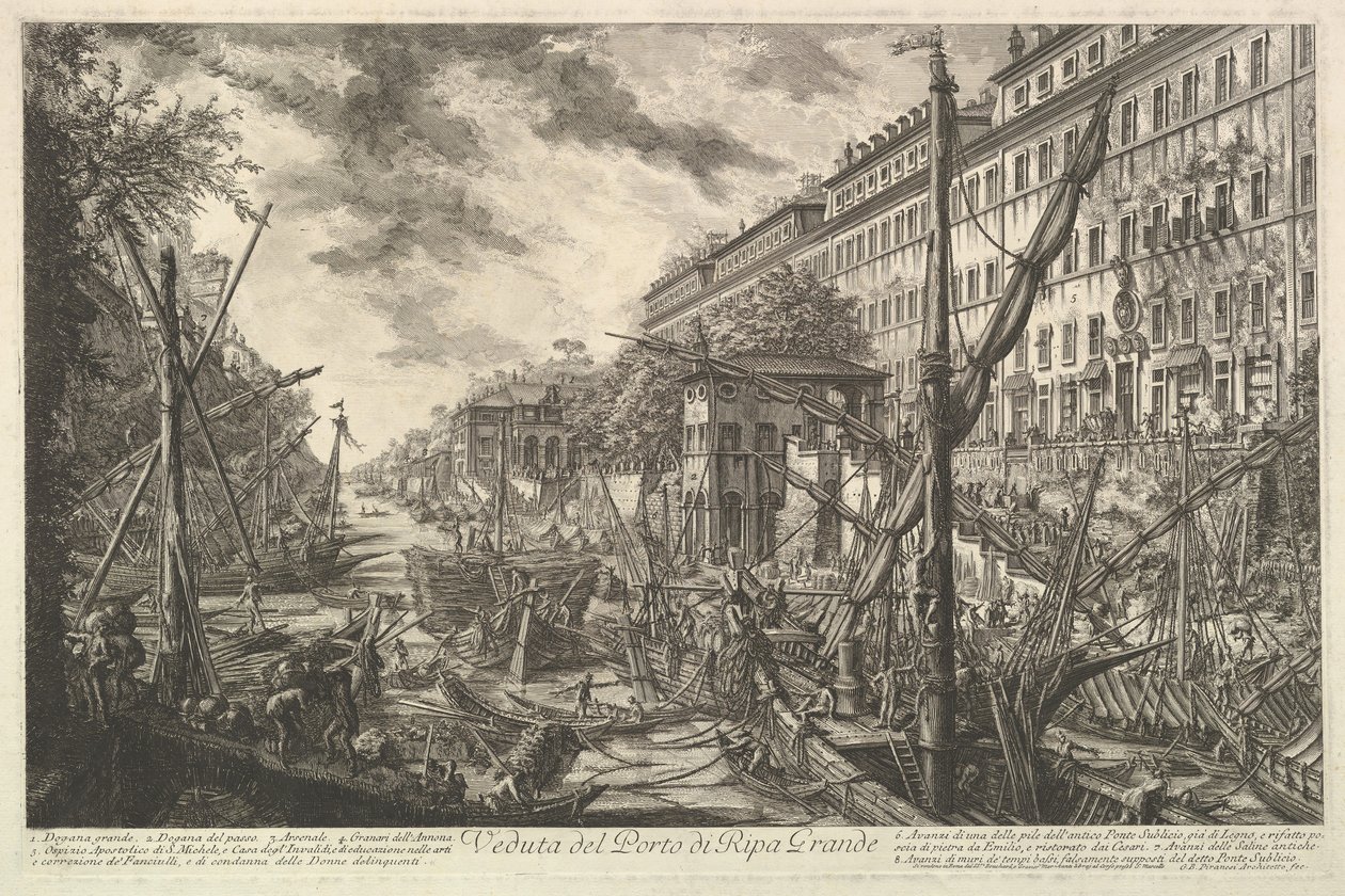 Pohled na přístav Ripa Grande, z Vedute di Roma Roman Views, ca. 1753. od Giovanni Battista Piranesi