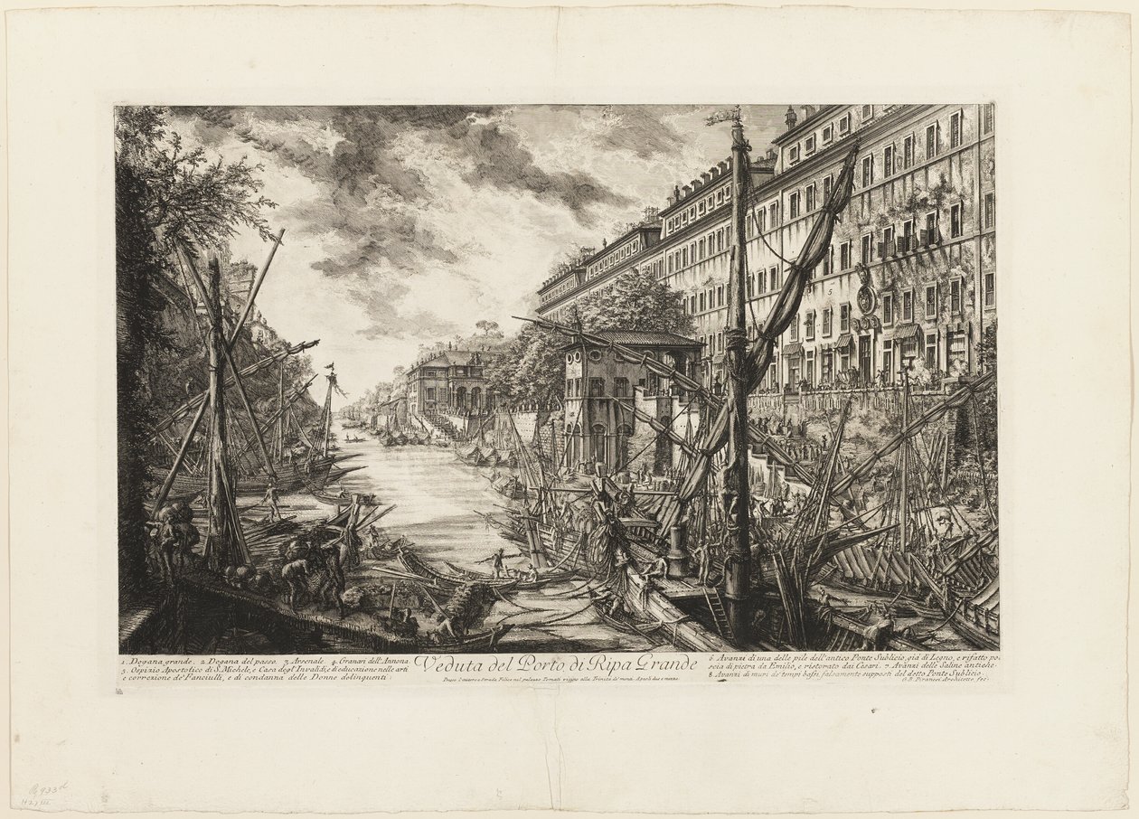 Pohled na přístav Ripa Grande, z výhledů na Řím od Giovanni Battista Piranesi