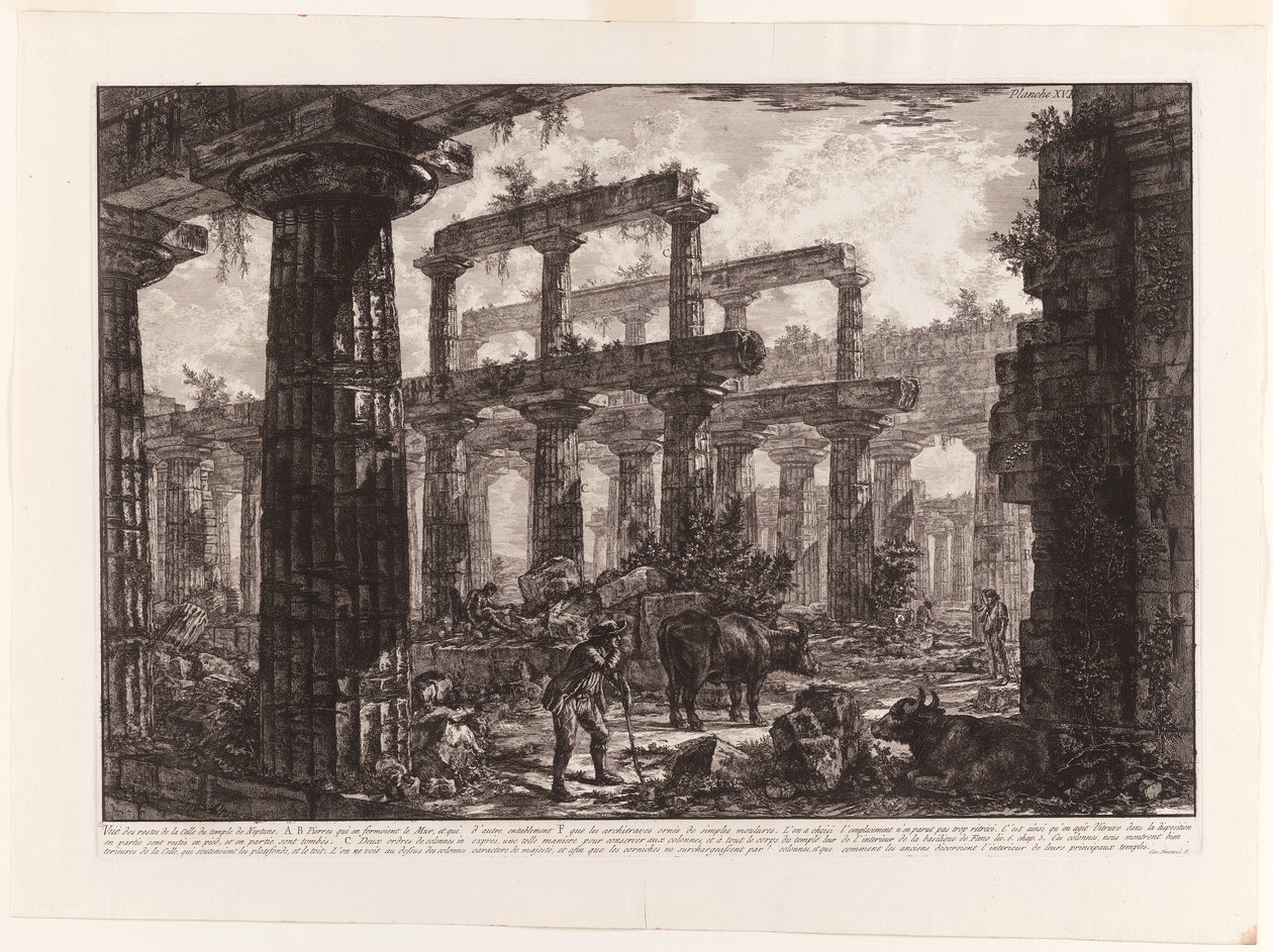 Pohled na zbytky Cella Neptunova chrámu z různých pohledů na Paestum od Giovanni Battista Piranesi