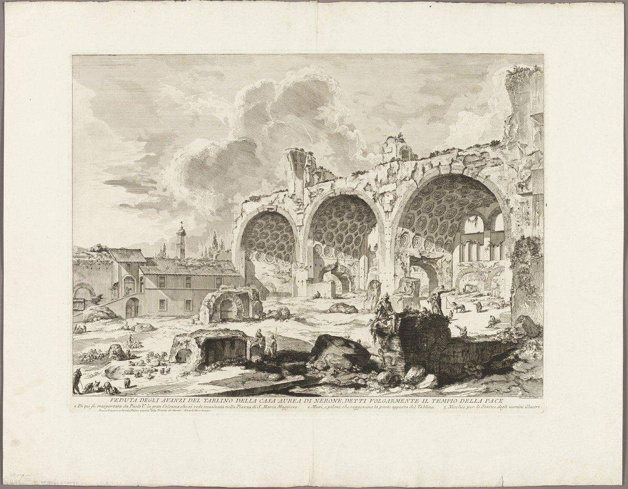 Pohled na zbytky jídelny Zlatého domu Nera, běžně nazývaného Chrám míru, z Pohledů na Řím od Giovanni Battista Piranesi