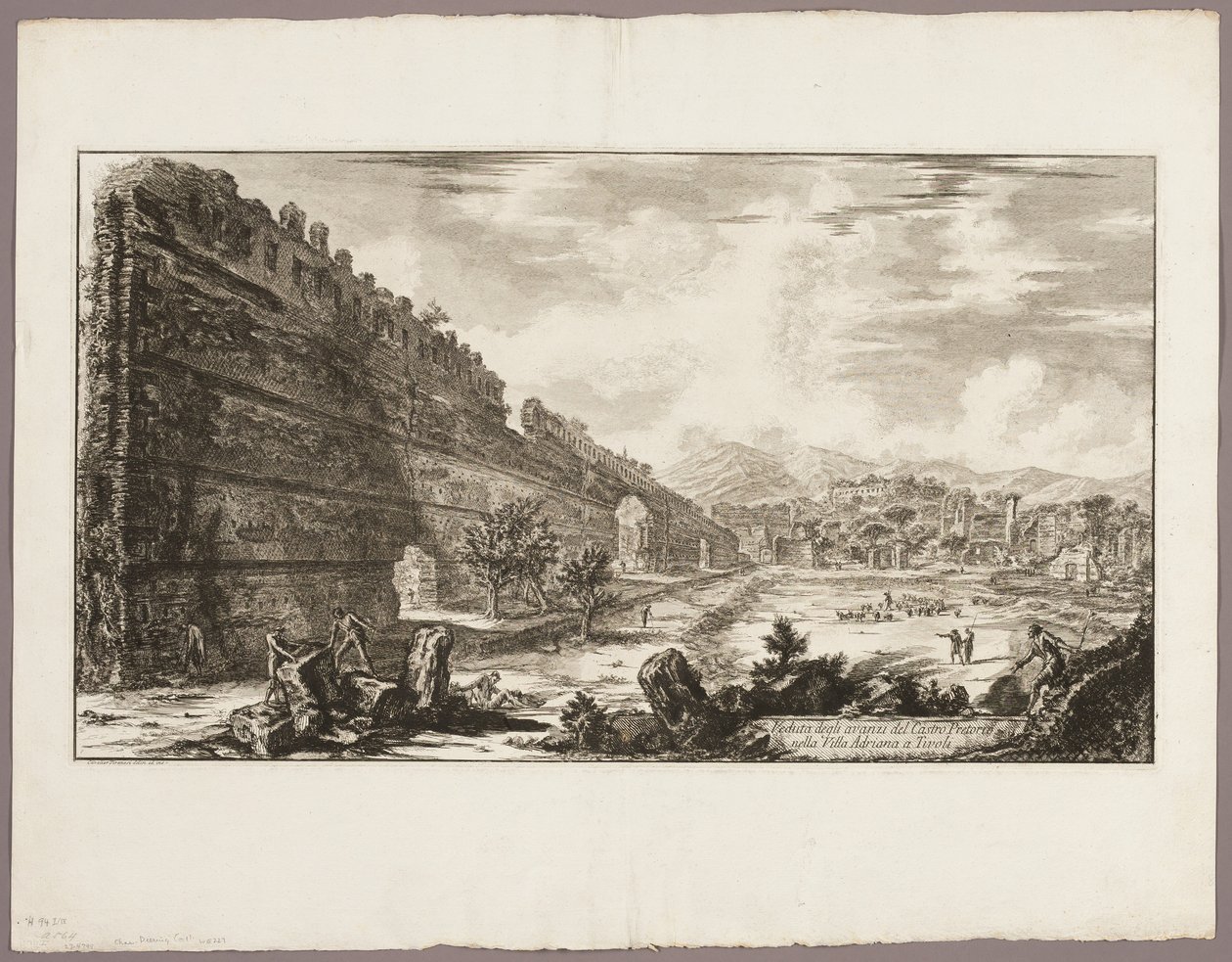 Pohled na zbytky pretoriánské pevnosti [Poecile], Hadriánova vila, Tivoli, z Pohledů na Řím od Giovanni Battista Piranesi