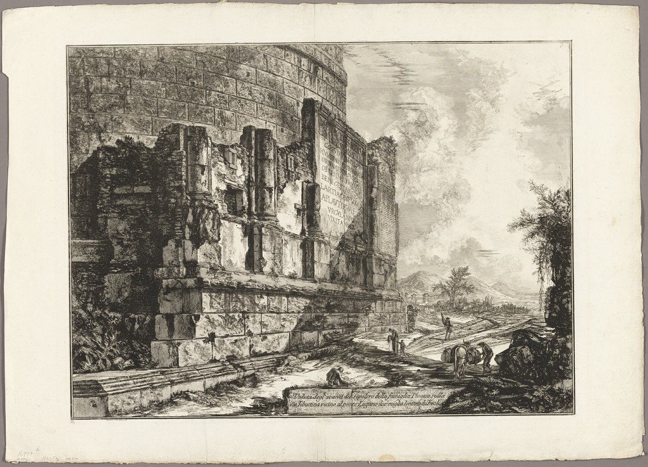 Pohled na zbytky hrobky Plautiů na Via Tiburtina, poblíž Ponte Lugano, dvě míle vzdálené od Tivoli, z Views of Rome od Giovanni Battista Piranesi