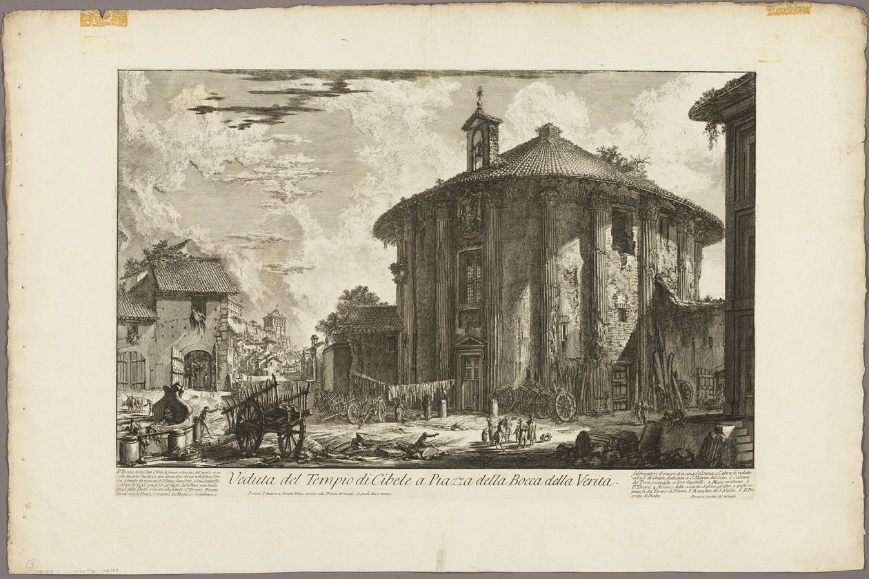 Pohled na chrám Cybele na náměstí Piazza Bocca della Verità, z Pohledy na Řím od Giovanni Battista Piranesi